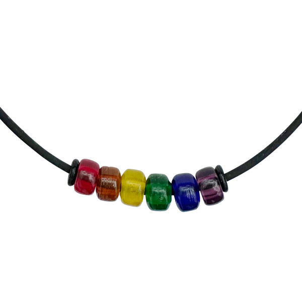 Rainbow Pride Necklace with Czech Glass Beads on Black Rubber Cord, 18 inches