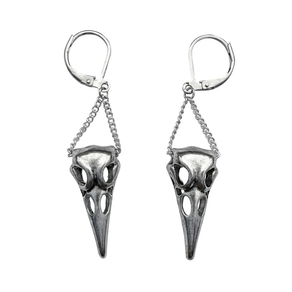 Silver Hanging Raven Skull Leverback Earrings