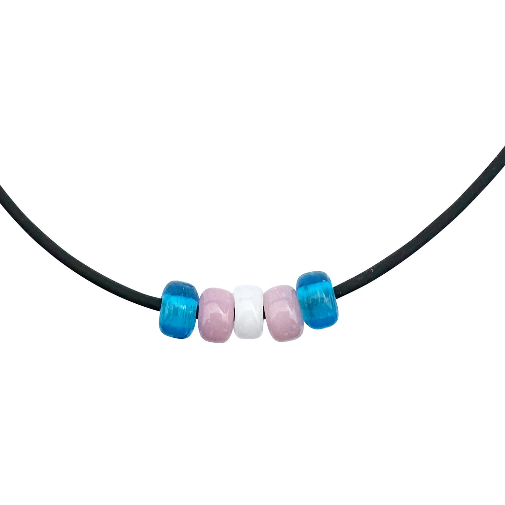 Transgender Pride/Trans Ally Necklace with Czech Glass Beads on Black Rubber Cord, 18 inches