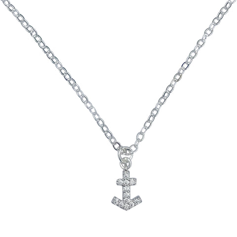 Silver Finished Petite Mini Anchor Charm with Cubic Zirconia, on 18" Silver Cable Chain Necklace