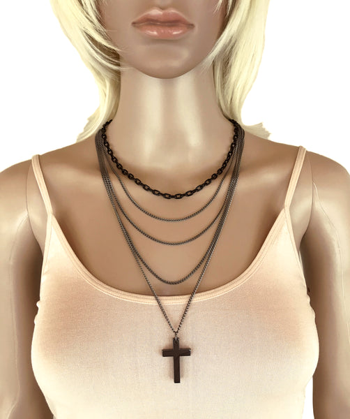 Multilayer Gothic Retro 80s Black & Gunmetal Long Chain Cross