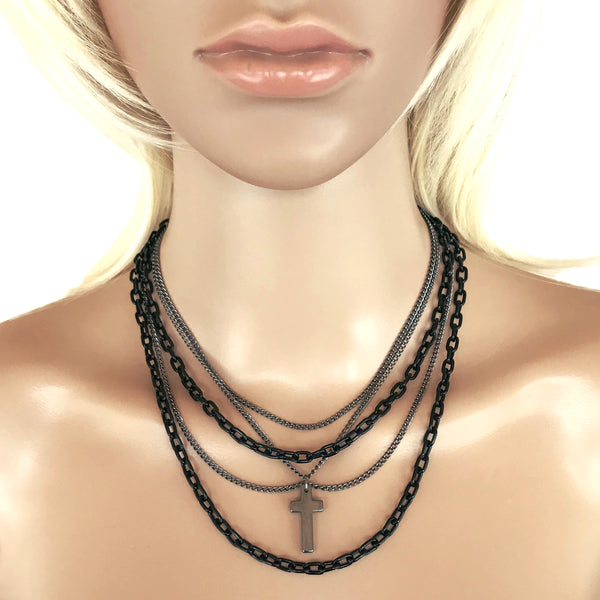 Multilayer Gothic 80s Retro Black and Gunmetal Chain Fashion Necklace with  Cross
