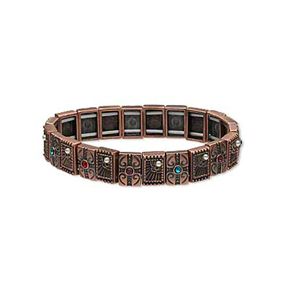 Antiqued Copper-plated Tile Stretch Bracelet with Crystal Rhinestones