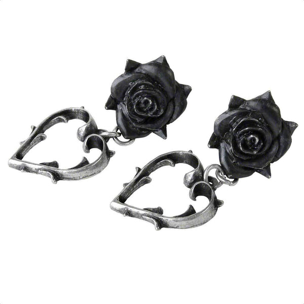 Wounded Love Earrings with Thorny Hearts and Gothic Black Roses