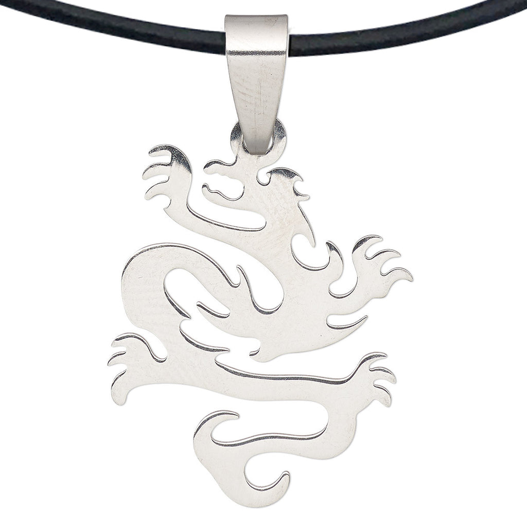 DragonWeave Steel Dragon Pendant Necklace on Adjustable Black Leather Cord