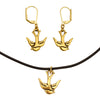 DragonWeave Swallow Bird Charm Necklace and Earring Set, Gold Plated Black Leather Choker and Leverback Earrings