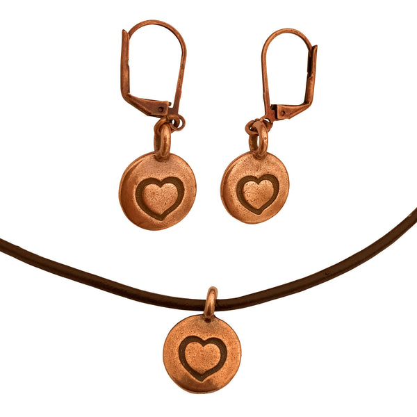 DragonWeave Heart Circle Charm Necklace and Earring Set, Antique Copper Brown Leather Choker and Leverback Earrings