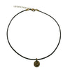 DragonWeave Paw Circle Charm Necklace and Earring Set, Antique Brass Black Leather Choker and Leverback Earrings