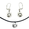 DragonWeave Heart Circle Charm Necklace and Earring Set, Silver Plated Black Leather Choker and Leverback Earrings
