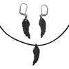 DragonWeave Raven Wing Charm Necklace and Earring Set, Gunmetal Black Leather Choker and Leverback Earrings