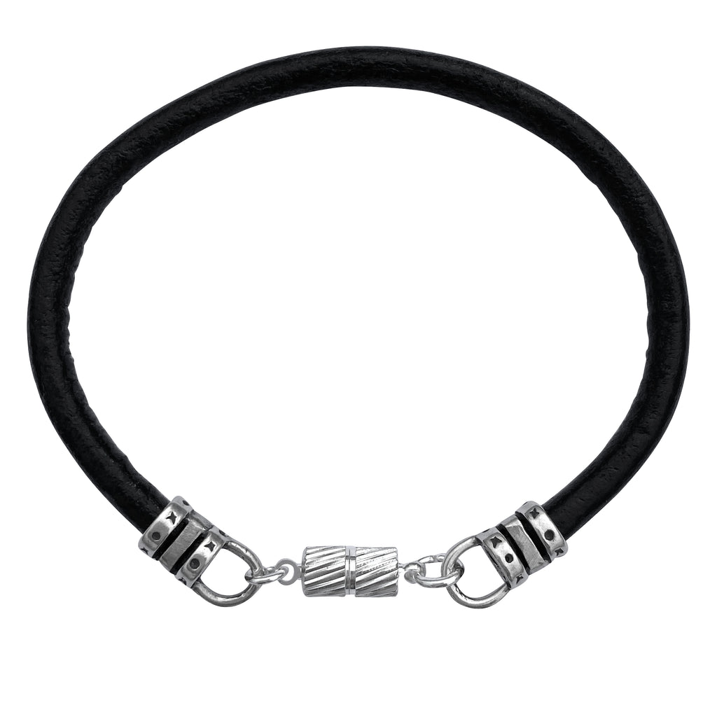 Extra Thick 4mm Wide Mens Black Leather Bracelet with Silver Magnetic Clasp