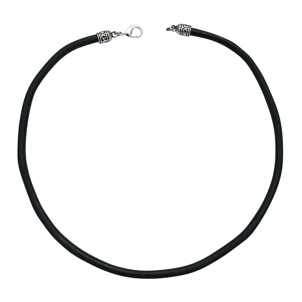 Thin black leather cord necklace for man with silver nugget