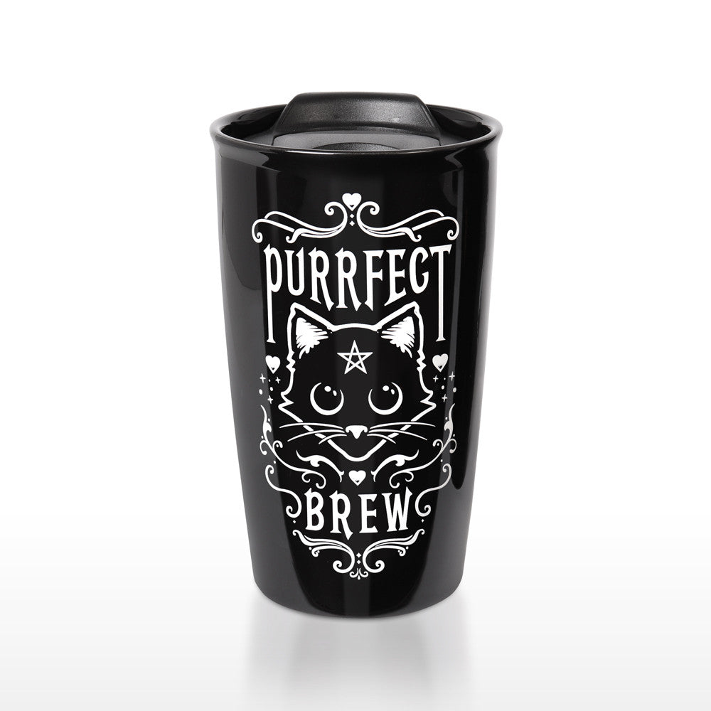 Purrfect Brew Double Walled Black Cat Travel Mug by Alchemy Gothic