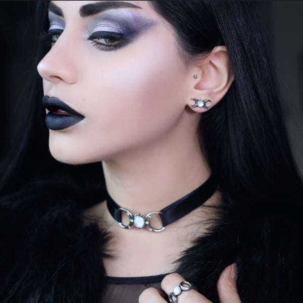 Triple Goddess Moon Pearl Ribbon Choker by Alchemy Gothic