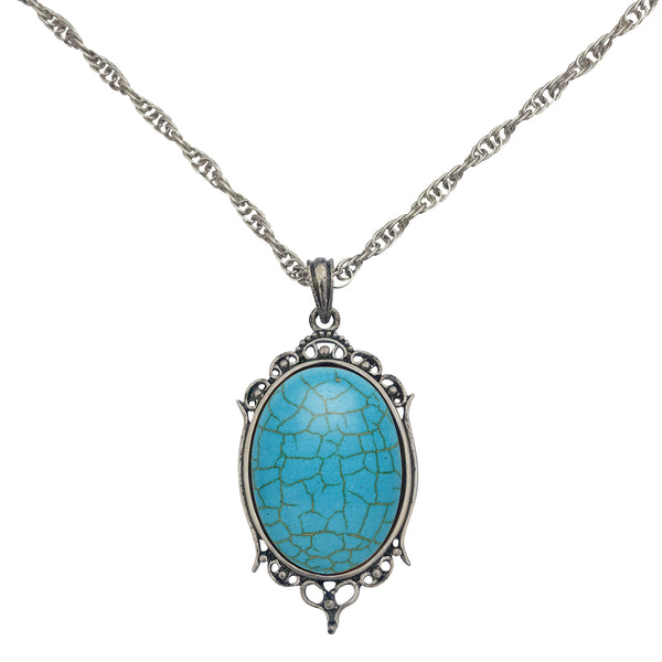Antique Silver Turquoise Resin Cabochon Pendant on Fancy Rope Chain Necklace, 24"