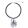 Large Pewter Octopus Pendant Choker Necklace with Blue CZ and Rhinestones on Thick Leather Cord