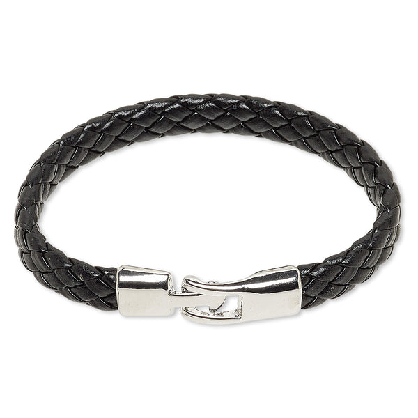 Mens Elegant Black Leather Braided Bracelet with Buckle Clasp