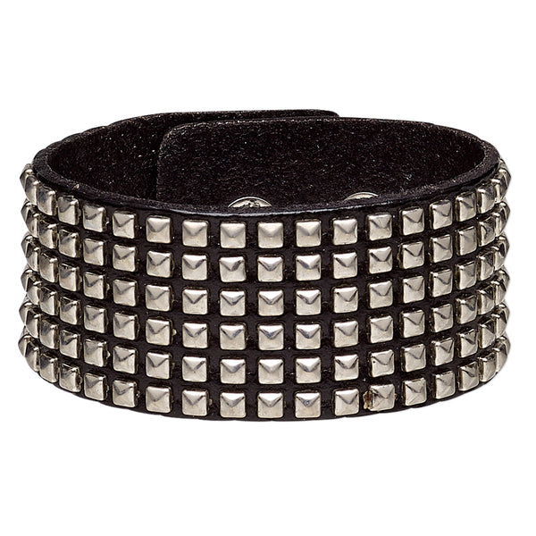 Extra Wide Black Leather Steel Square Studded Gothic Bracelet