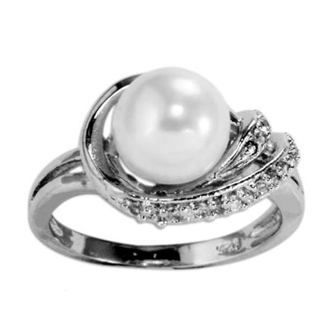 Sea Treasure Faux Pearl with Cubic Zirconia CZ Pave Sterling Silver Fashion Statement Ring