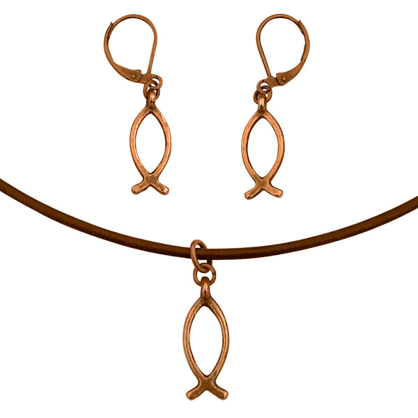 Christian Fish Symbol Charm Necklace & Earring Set, Antique Copper Brown Leather Adjustable