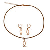 Christian Fish Symbol Charm Necklace & Earring Set, Antique Copper Brown Leather Adjustable