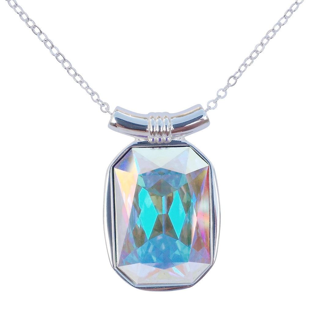 Aurora Diamond Swarovski Crystal Square/Emerald Cut Pendant on 18" 2mm Silver-Plated Necklace