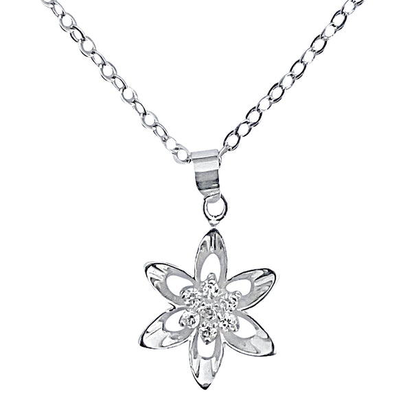 Sterling Silver Mini Cubic Zirconia Flower Pendant on Silver Cable Chain Necklace, 18" with Extender