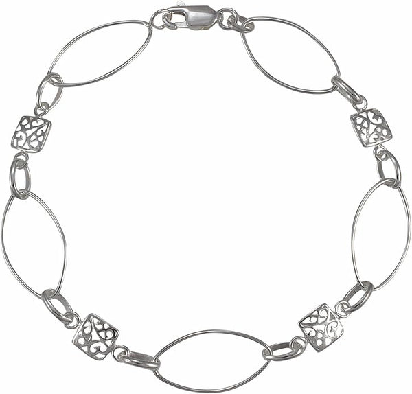 Light Marquise Oval Link Sterling Silver Bracelet with Filigree Squares - 7 1/2"