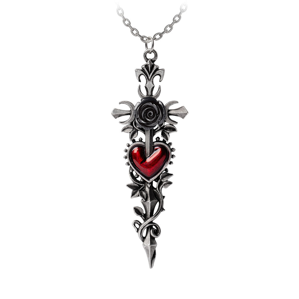 Cross of the Dark Kiss Black Rose Red Heart Necklace by Alchemy Gothic