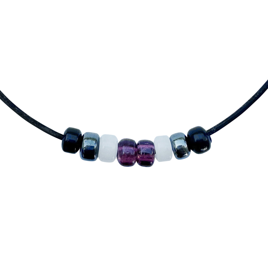 Asexual Pride/Ace Ally Necklace with Czech Glass Beads on Black Rubber Cord, 18 inches