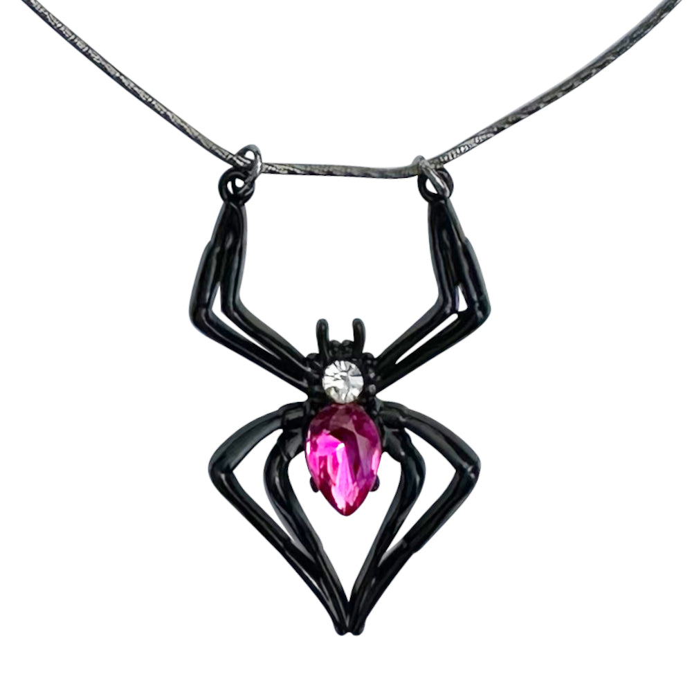 Large Black Spider Pink & Clear Crystal Pendant Necklace - Fully Adjustable