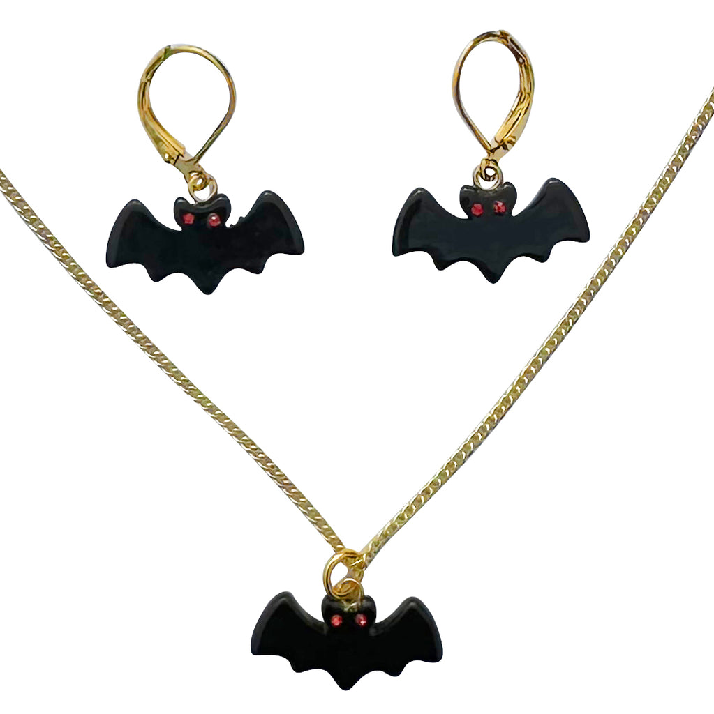 Black Bat Charm Red Crystal Eyes Matching Gold Necklace & Earring Set - 18"