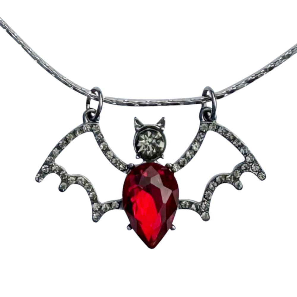 Gunmetal Rhinestone Ruby Red Crystal Bat Pendant Necklace - Fully Adju