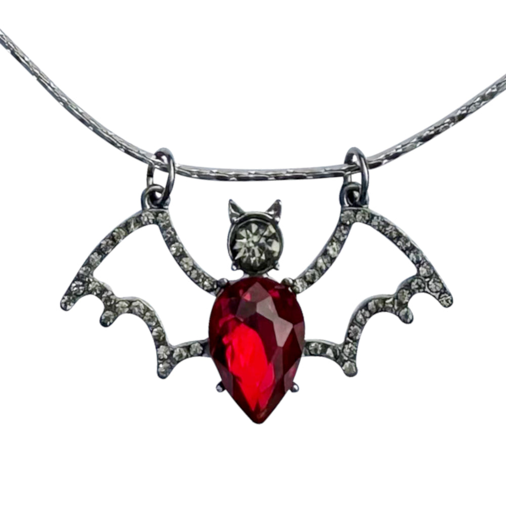 Ruby Bats Gunmetal Rhinestone Ruby Red Crystal Bat Pendant Necklace - Fully Adju