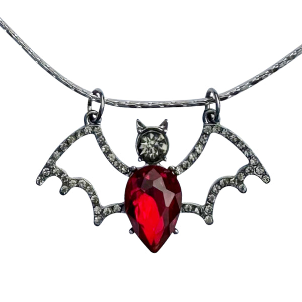 Gunmetal Rhinestone Ruby Red Crystal Bat Pendant Necklace - Fully Adjustable