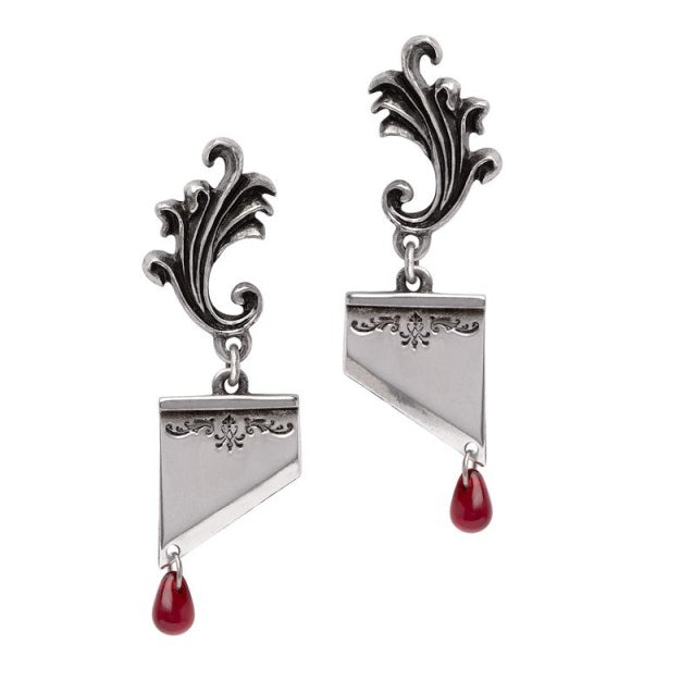 Marie Antoinette Red Crystal Guillotine Earrings by Alchemy Gothic