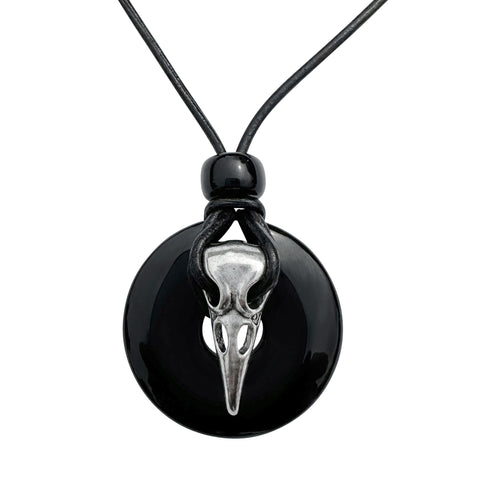 Silver Raven Skull on Black Onyx Tribal Black Leather Cord Necklace - 18 inches