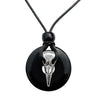 Silver Raven Skull on Black Onyx Tribal Black Leather Cord Necklace - 18 inches