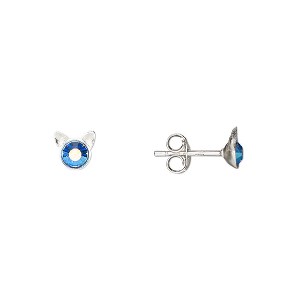 Blue Crystal Cat Ear Petite Sterling Silver Stud Earrings for Girls