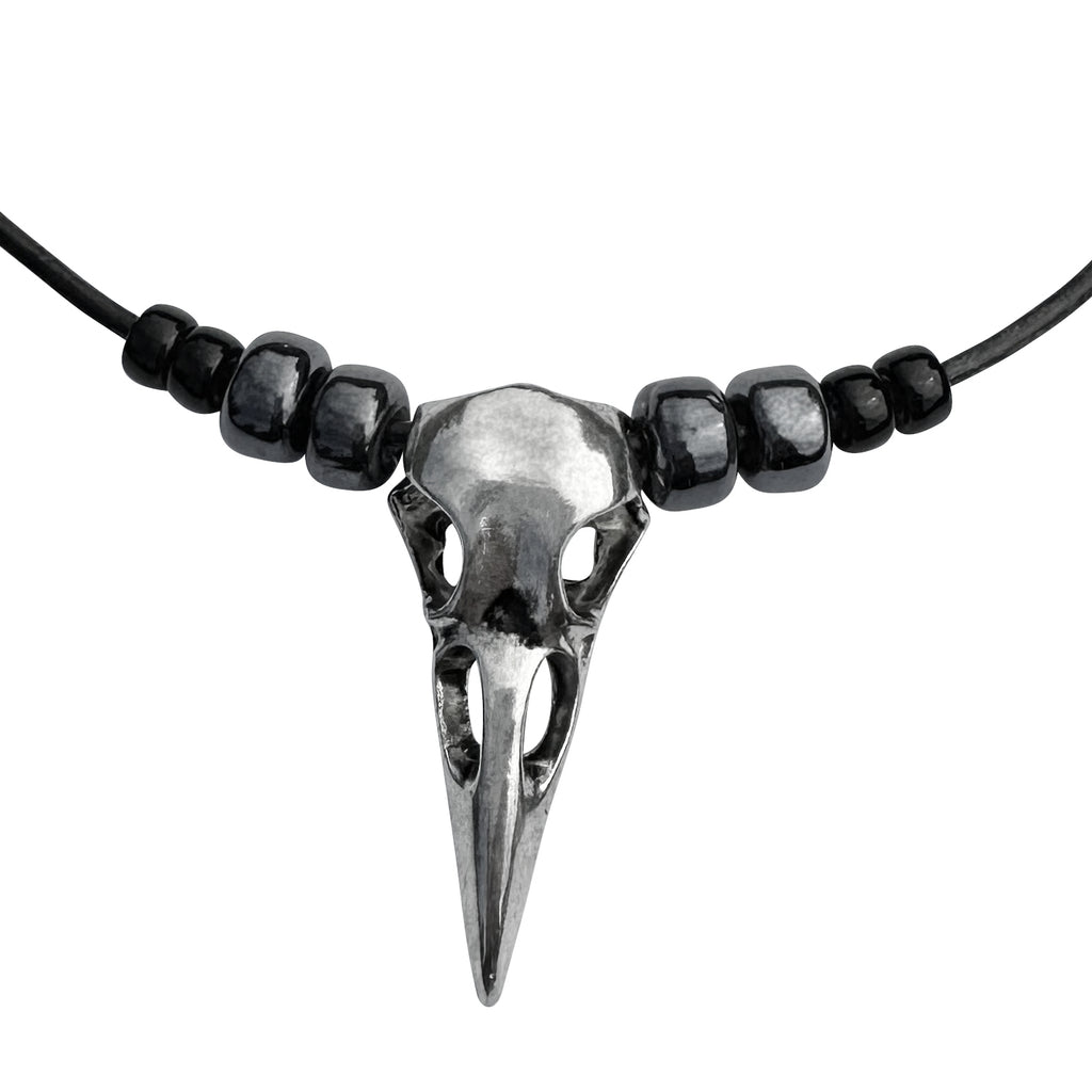 Large Silver Raven Skull Pendant on Beaded Black Leather Cord Necklace - 16" to 19"