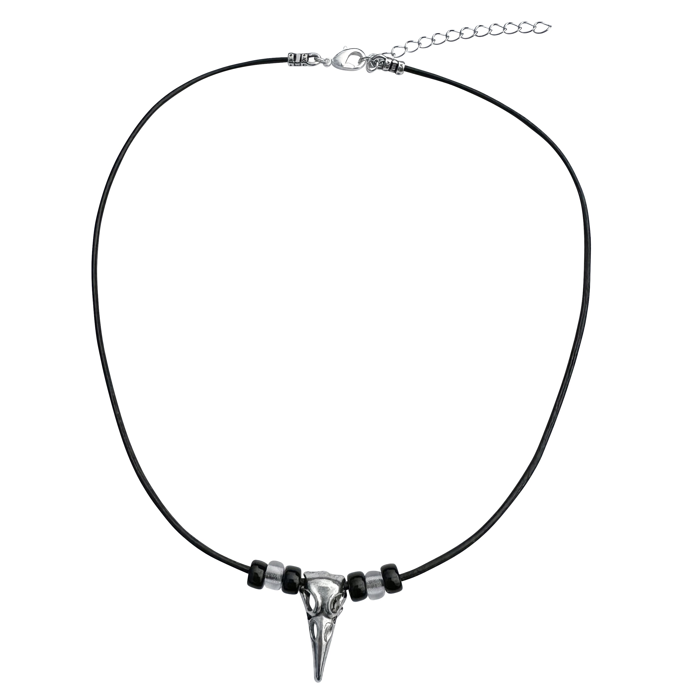 Silver Raven Skull on Beaded Fine Black Leather Necklace Cord - 16" to