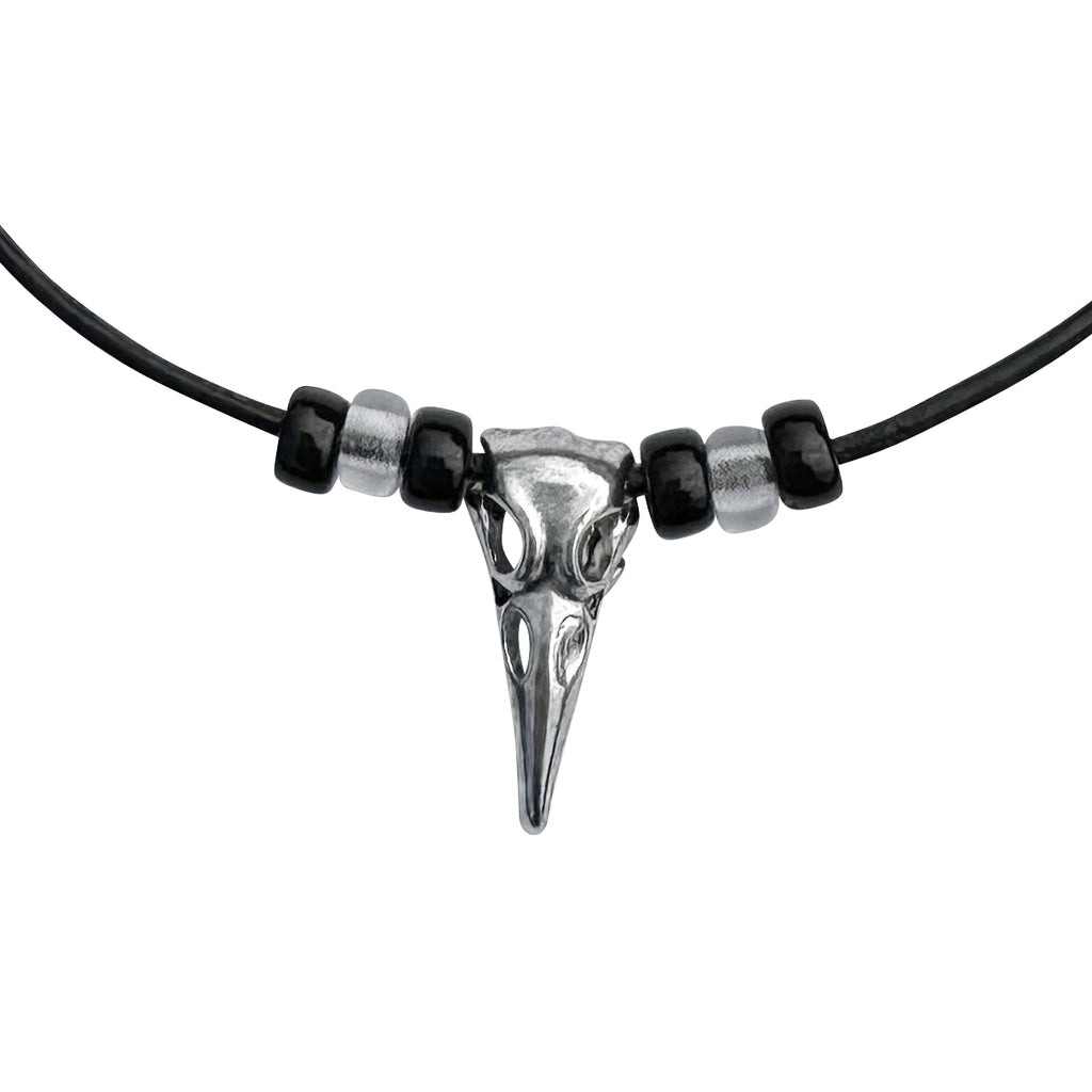 Silver Raven Skull on Beaded Fine Black Leather Necklace Cord - 16" to 18"