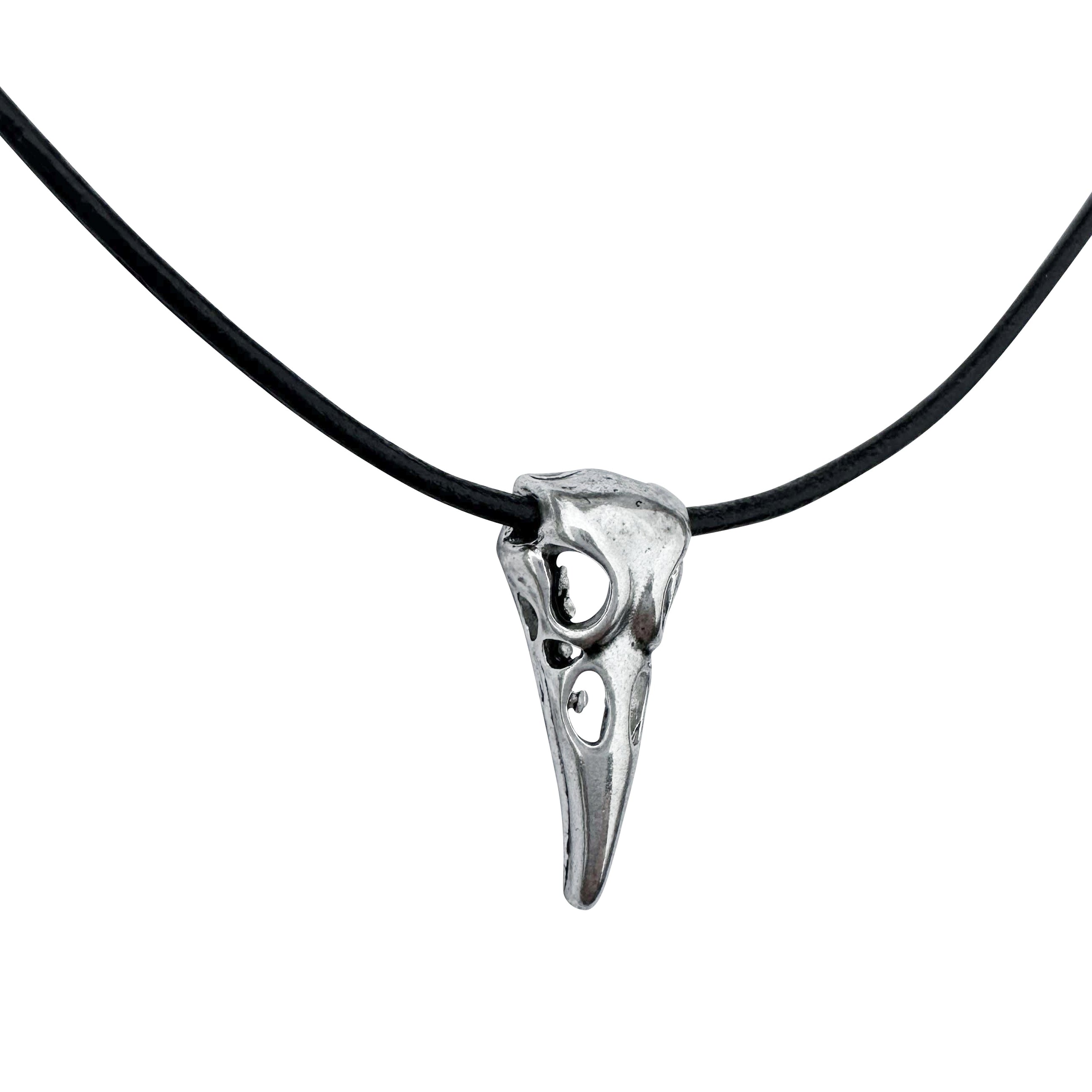 Silver Raven Skull on Fine Black Leather Necklace Cord - 18"