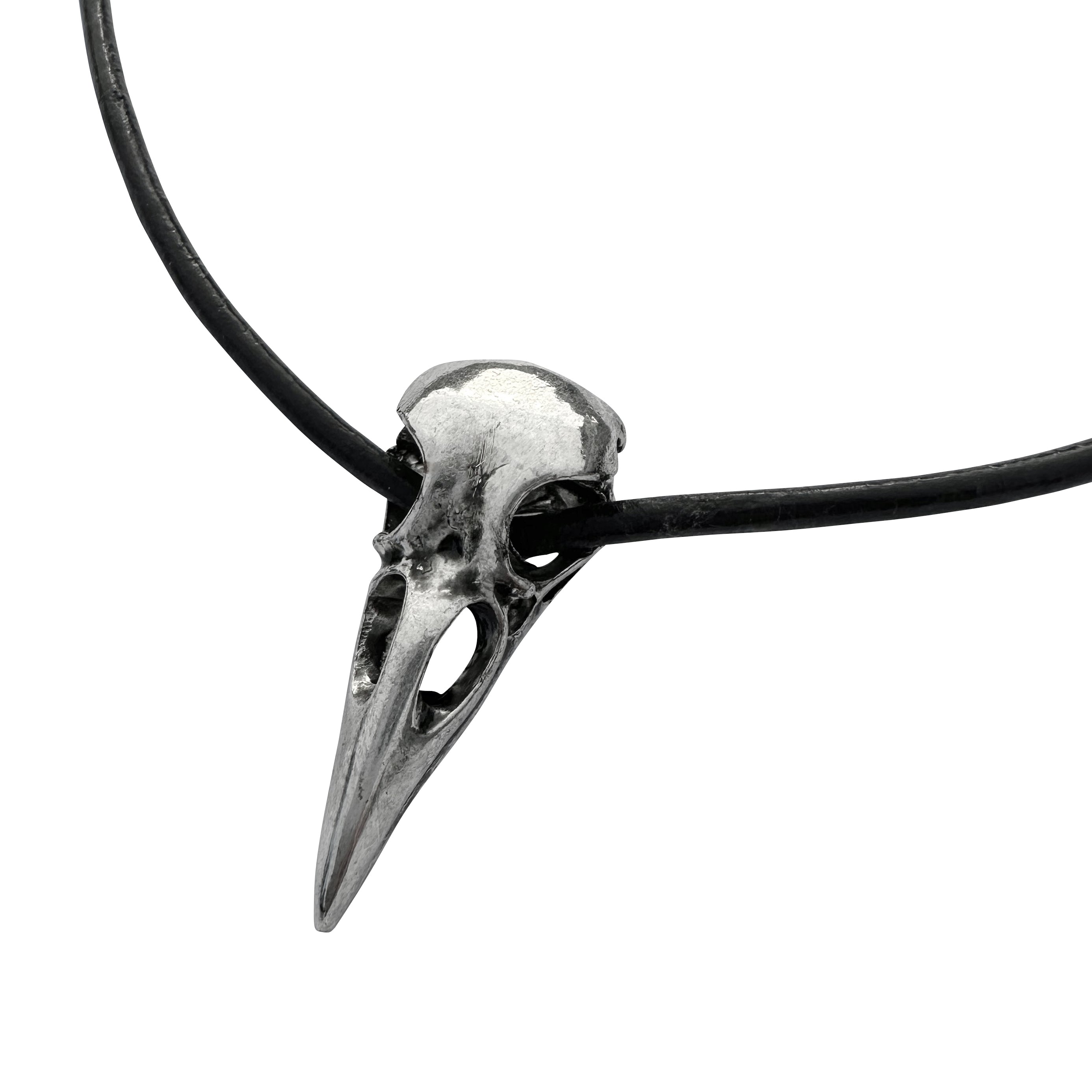 Silver Raven Skull on Beaded Fine Black Leather Necklace Cord