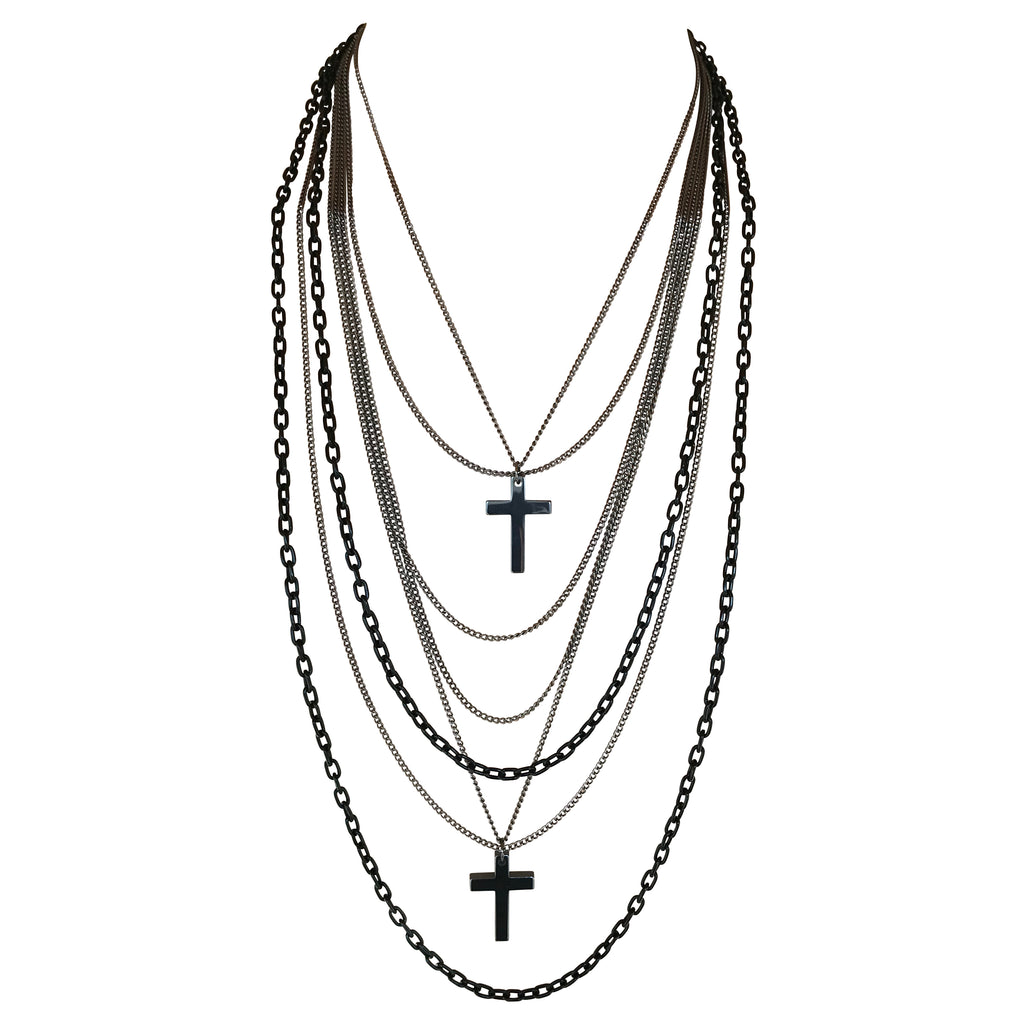 Deluxe Gothic 80's Madonna Retro Multilayer Gunmetal Crosses Long Multi Strand Black Chain Necklace