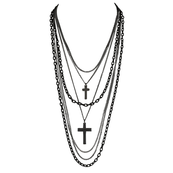 Deluxe Gothic Crosses Retro 80s Madonna Multilayer Black & Gunmetal Chain Long Multi Strand Necklace