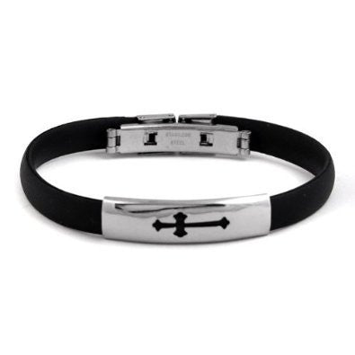 Black Rubber Steel Cross ID Bracelet
