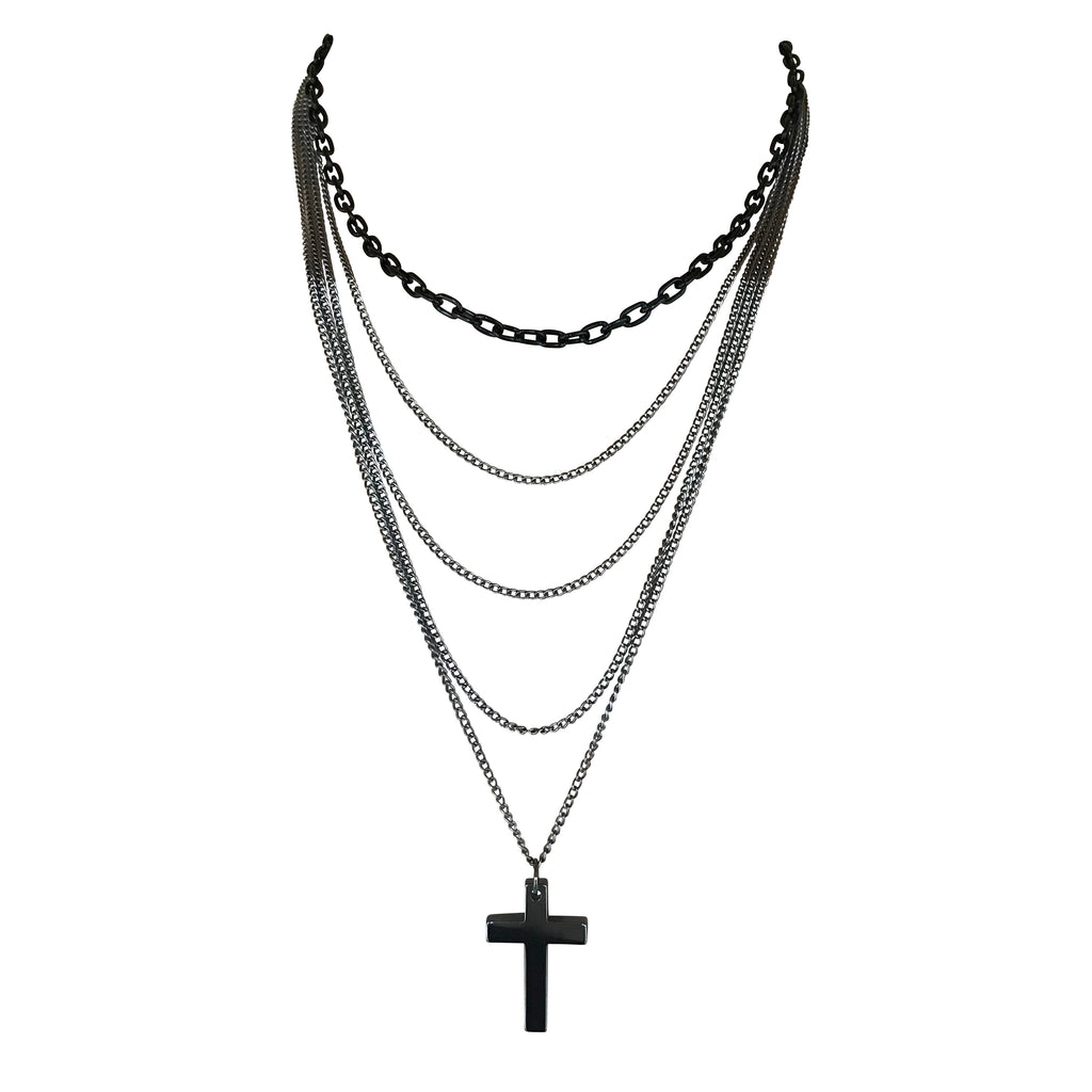 Multilayer Gothic Retro 80s Black & Gunmetal Long Chain Cross Necklace