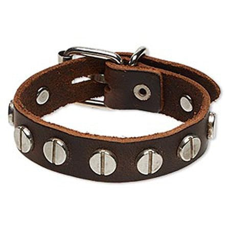 Round Studded Brown Leather Mens Buckle Bracelet