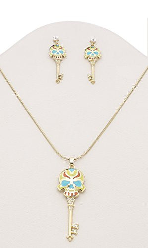 Gold Plated Colorful Sugar Skull Key Rhinestone Necklace and Earring Set